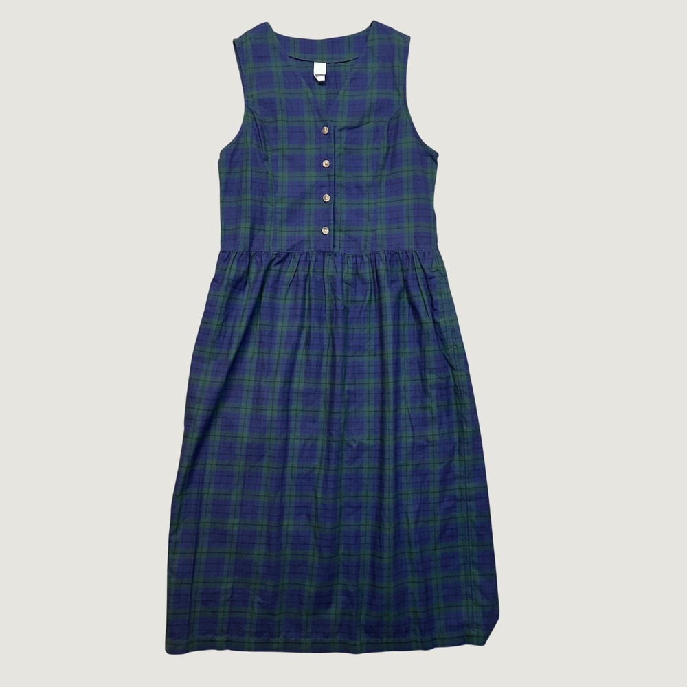 Lands' End Plaid Jumper Dress Women S 6-8 Blue Green Cotton Button Front VTG